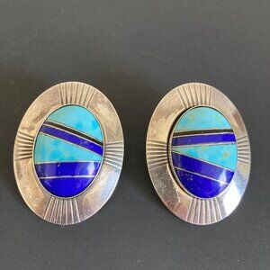 Sterling Silver Hopi Turquoise Lapis Lazuli Inlay Earrings By Milson Tylor